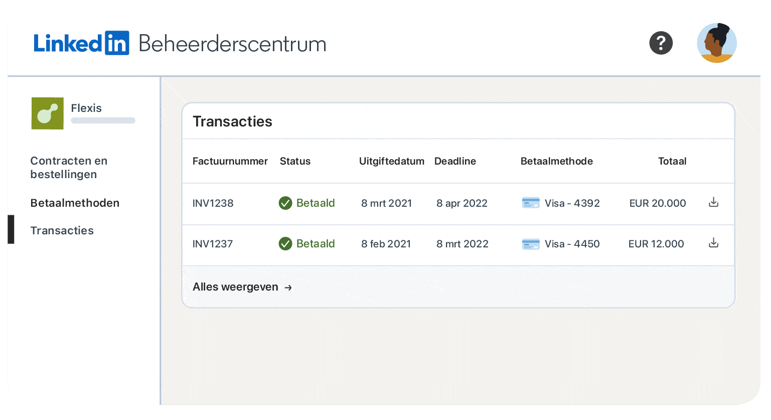 Een screenshot van een voorbeeldcontract en waar die wordt weergegeven in het LinkedIn Beheerderscentrum.