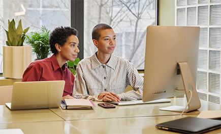 Picture of two people looking at a computer screen