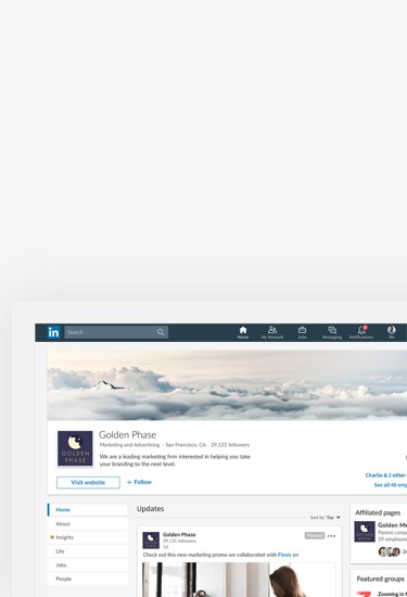 LinkedIn Company Page example featured in desktop and mobile versions