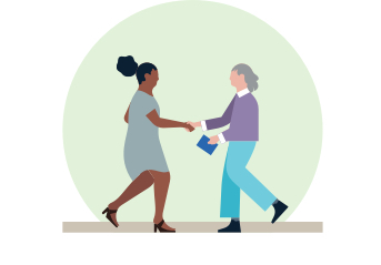 An illustration of a person in a lab coat and another person having a conversation while walking.