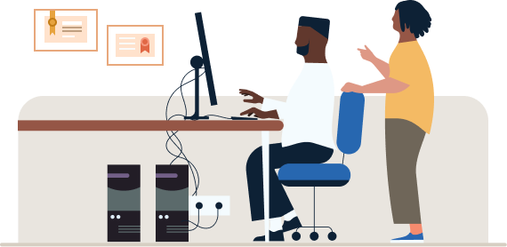 Illustration of a person giving direction to someone at a workstation