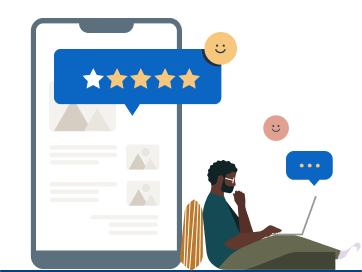 Illustration of an individual sitting down with their laptop and a mobile device highlighting reviews on the side.