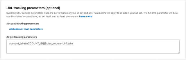 URL tracking parameters configuration screen