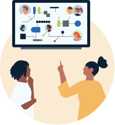 Illustrazione di due persone che parlano dei diagrammi di flusso su un monitor