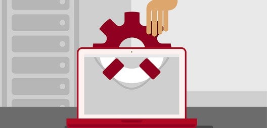 Ilustração de um laptop com um ícone de engrenagem na tela.