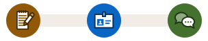 Notepad and paper, employee badge, and chat bubble attached by a light grey line