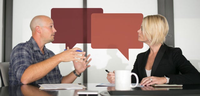 Image of professionals with conversation bubble icons