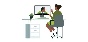 Illustration of person working on a laptop with connections to multiple people