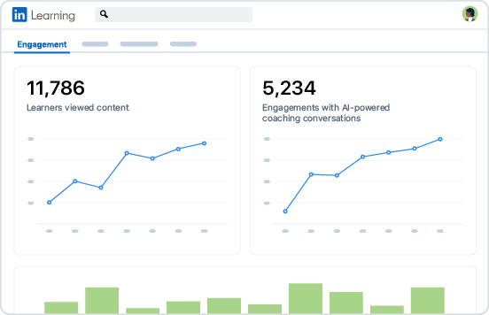 UI showcasing new metrics and reporting in LinkedIn Learning.
