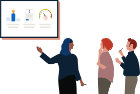 people discussing data displayed on a wall chart