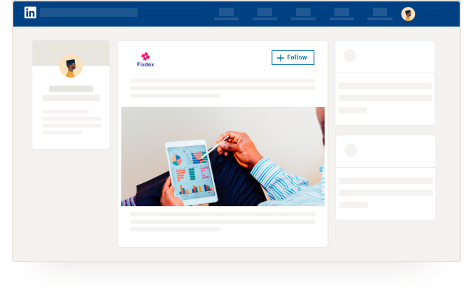 Illustrazione della home page di LinkedIn con l’azienda Fixdex in primo piano.