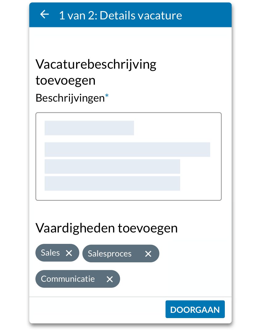Schermweergave van de details van een vacatureplaatsing: het begin van een functiebeschrijving en de gevraagde vaardigheden.