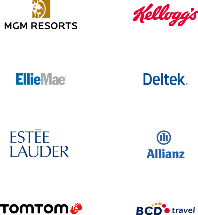 Logos das empresas: MGM Resorts, Kellogg's, Estée Lauder, Allianz, Ellie Mae, Deltek, TomTom e BCD Travel.