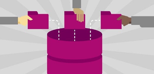 Ilustración de varias personas sujetando archivos que van a enviarse.