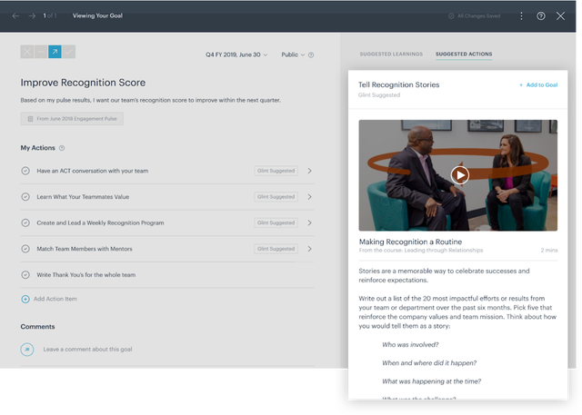 Screenshot of new Glint Linkedin learning feature