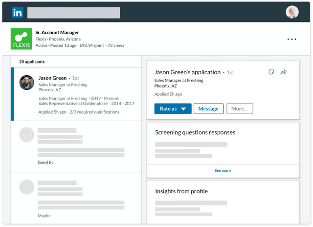 A product screenshot of a list of candidates and the “Rate as” and “Message” buttons.