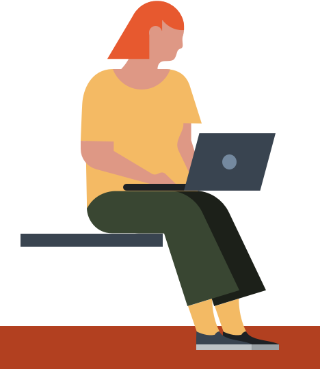 illustration of a woman sitting on a bench seat working on a laptop computer