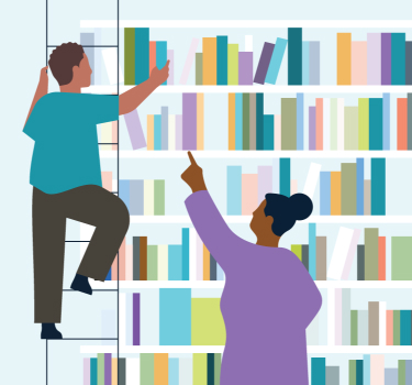 Abbildung einer Person auf einer Leiter, die nach einem Buch aus einem Regal greift, und einer Person, die auf ein bestimmtes Buch zeigt.