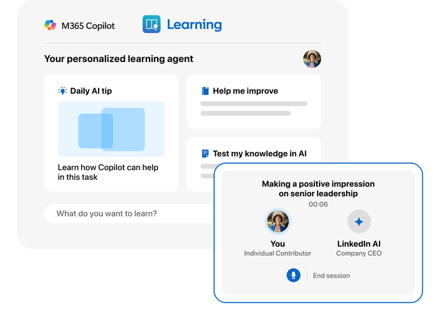 UI of LinkedIn Learning & Microsoft Copilot 365 Learning agent integration