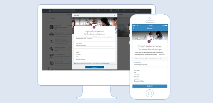 A screen and mobile device show LinkedIn Lead Gen Forms