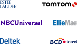 The logos of Estée Lauder, Deltek, Ellie Mae, NBCUniversal, TomTom, and BCD Travel.