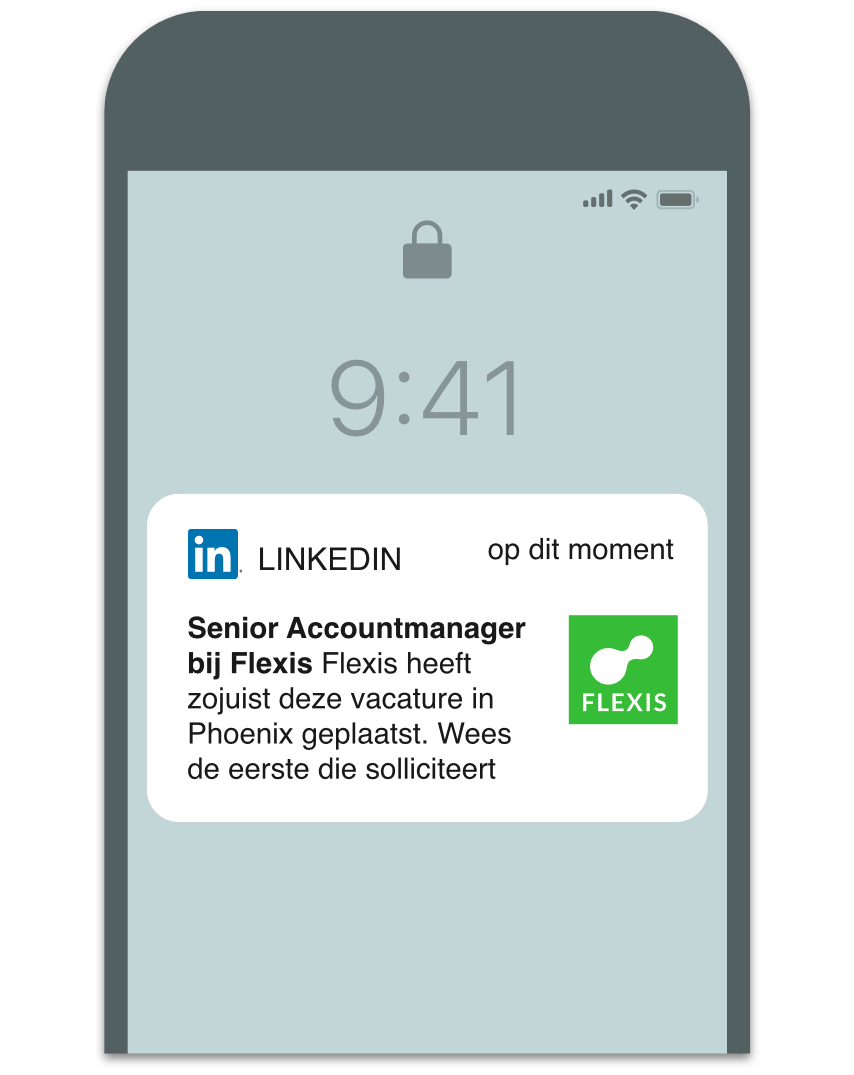 Schermweergave van een mobiele melding van een vacatureplaatsing in een lijst met vacatures waarin u mogelijk bent geïnteresseerd.