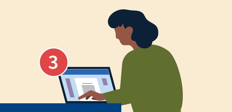 A person at their laptop with 3 unread notifications highlights