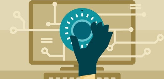 Ilustración de un monitor de ordenador con una persona que está moviendo un dial en la parte delantera.