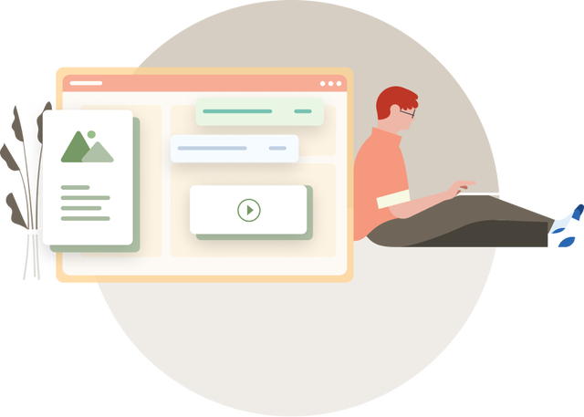 Illustration of an individual sitting down using their laptop with a website on the side.