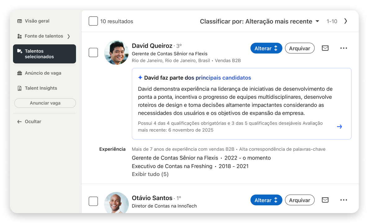 Interface de resultados de pesquisa do LinkedIn Recruiter