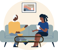 illustration of two people in conversation while sitting at a couch.