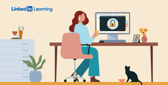 illustration of a woman sitting at her desk drinking coffee