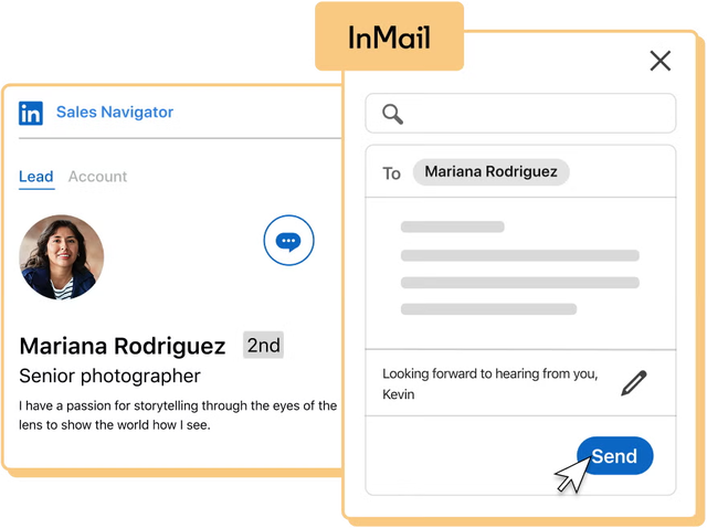 Professional networking interface with InMail message