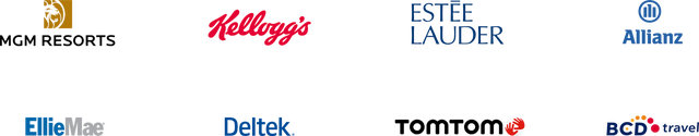 Logos das empresas: MGM Resorts, Kellogg's, Estée Lauder, Allianz, Ellie Mae, Deltek, TomTom e BCD Travel.