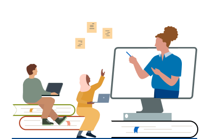 Illustration of two individuals with laptops watching a video on a large computer monitor.