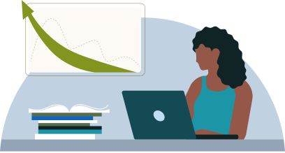 Illustration of someone studying on a laptop and progressing upward