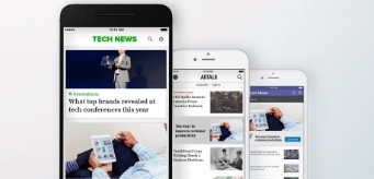 Drei Smartphones, auf denen verschiedene Newsfeeds zu sehen sind.