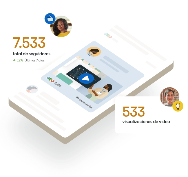 Ilustración de un teléfono con los indicadores 7.533 seguidores en total y 533 visualizaciones de vídeo a cada lado