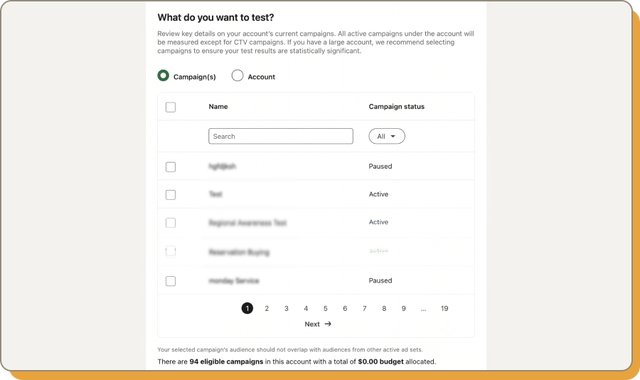Digital dashboard showing campaign test selection screen