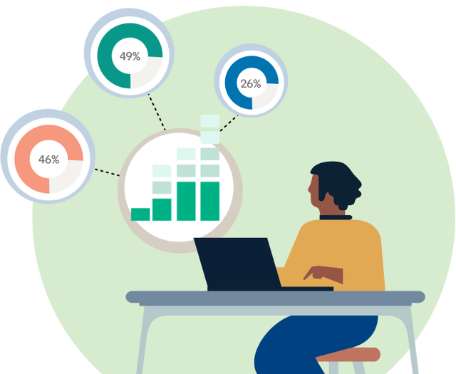illustration of a person examining data on a laptop 