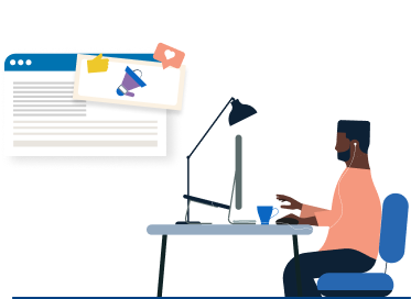 Illustration of an individual working on their computer with a blog entry on the side.