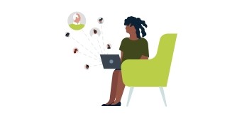 Illustration of person working on a laptop with connections to multiple people