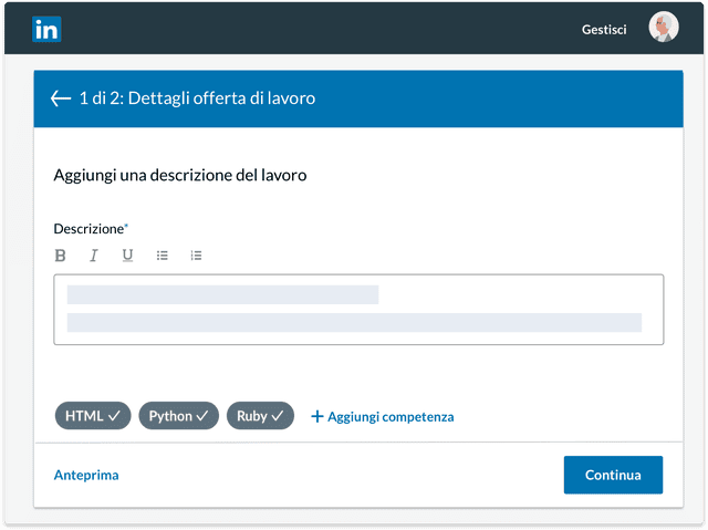 Schermata del prodotto che mostra i dettagli dell’offerta di lavoro: l’inizio della descrizione e le competenze associate al ruolo.