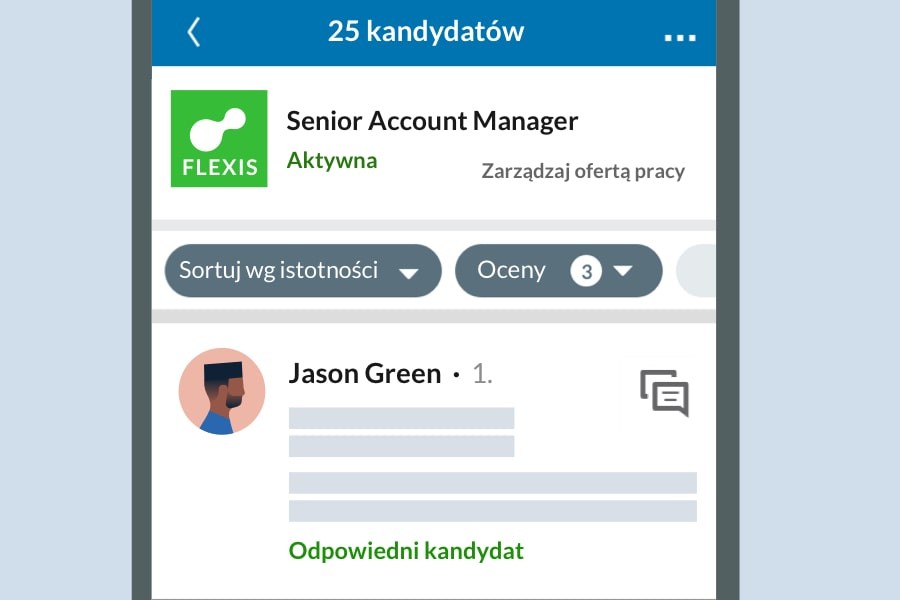 Ilustrowany zrzut ekranu produktu z listą kandydatów na ekranie telefonu. Widać nazwę i logo firmy, stanowisko oraz przyciski „Sortuj wg istotności” i „Oceny”.